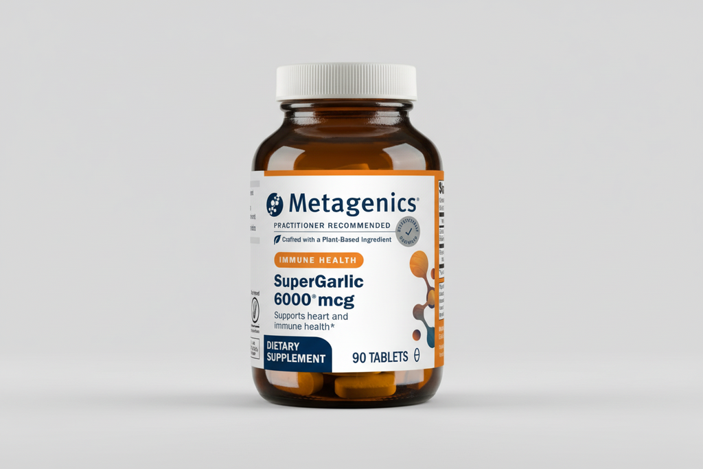 Metagenics SuperGarlic dietary supplement bottle on a white background