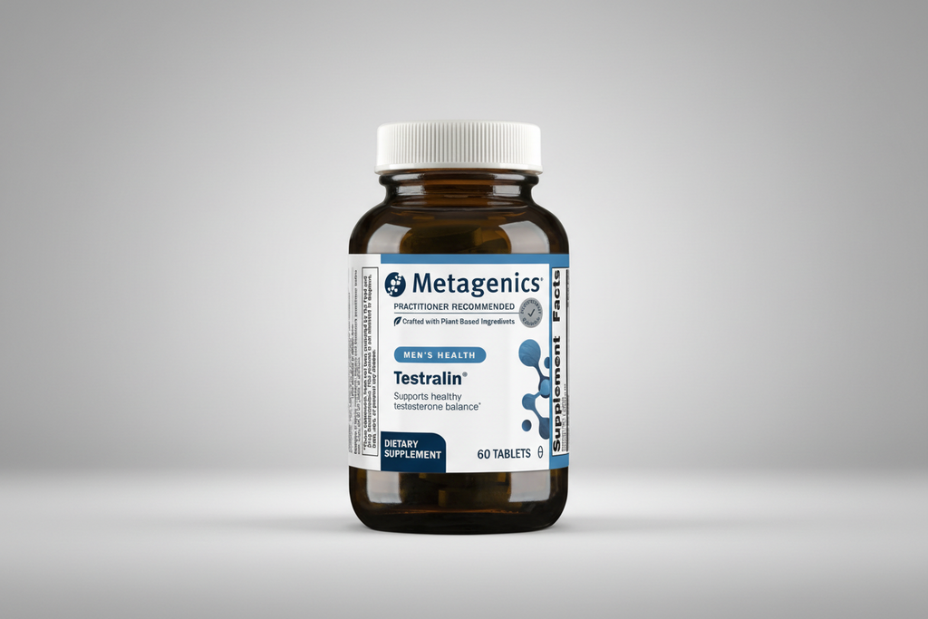 Metagenics Testralin dietary supplement bottle on a white background