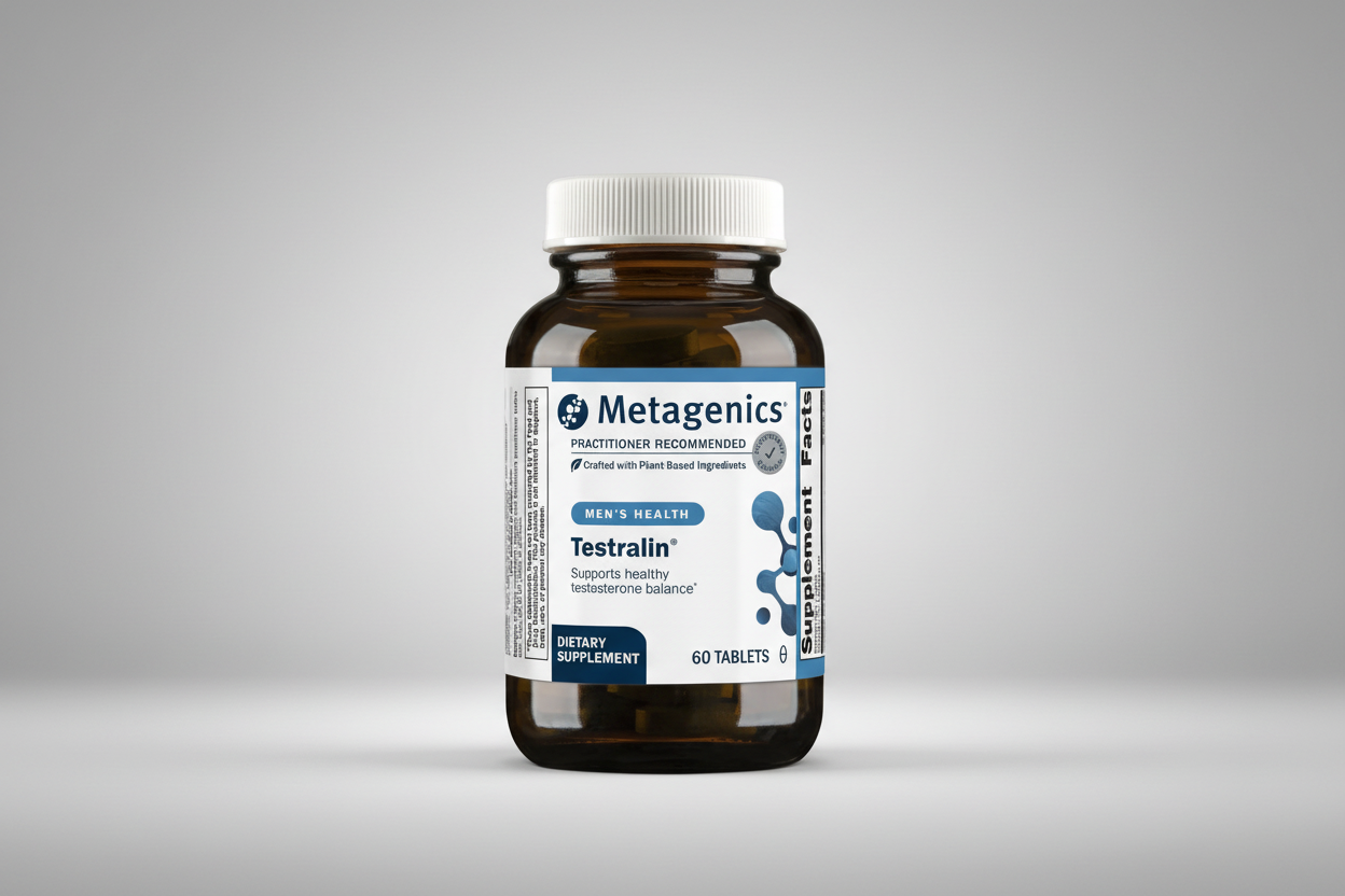 Metagenics Testralin dietary supplement bottle on a white background