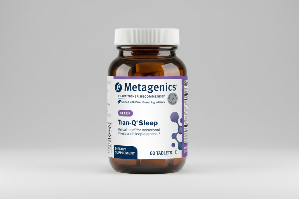 Metagenics Tran-Q Sleep dietary supplement bottle with white cap
