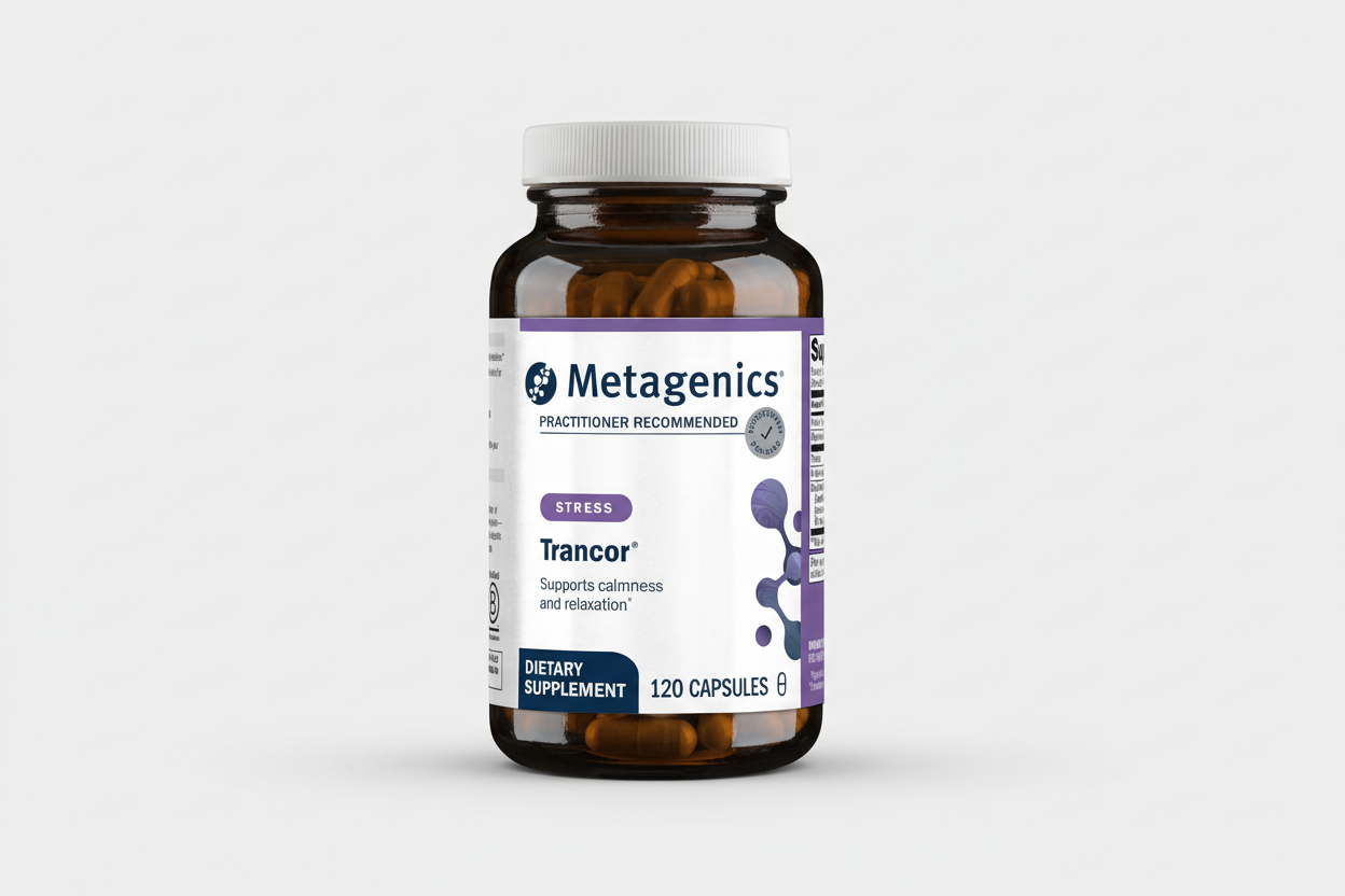 Metagenics Trancor dietary supplement bottle on a white background