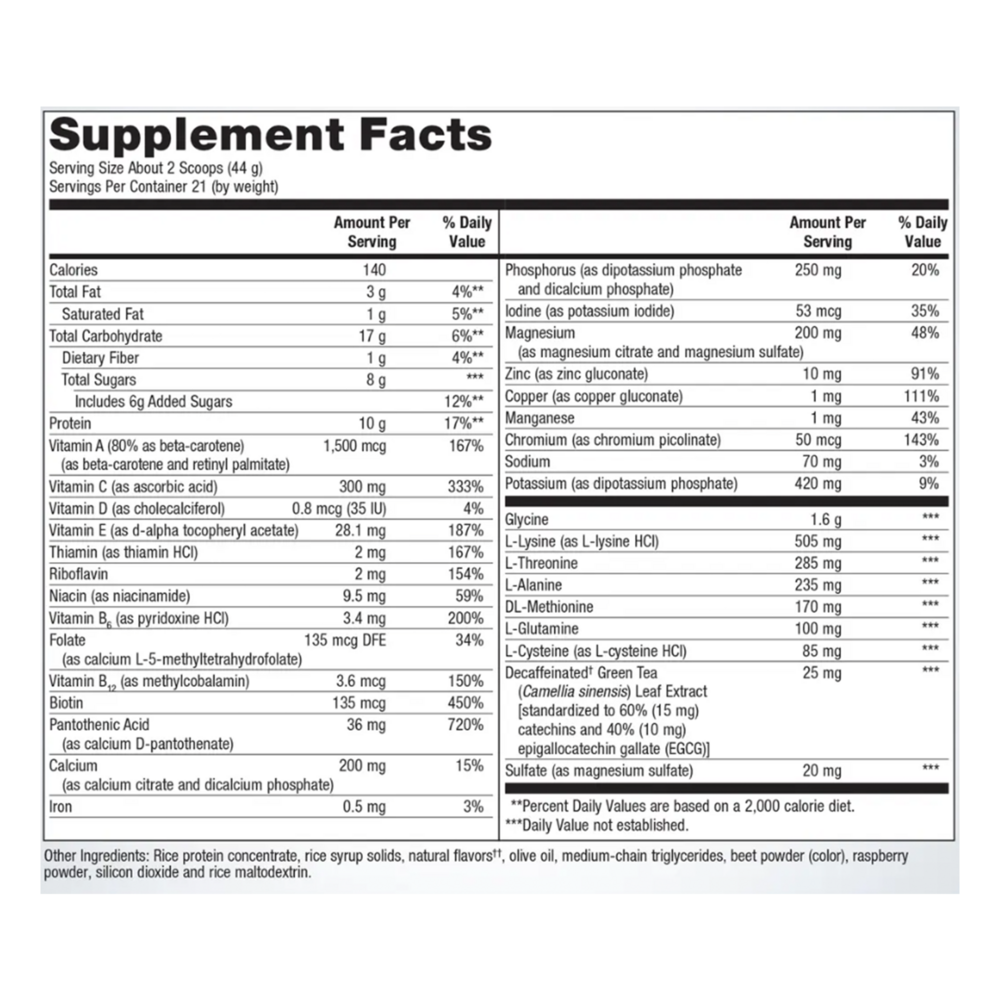 Supplement facts label with detailed nutritional information on a white background