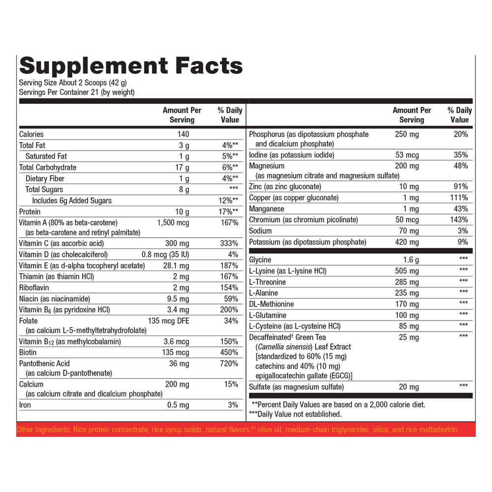 Supplement facts label with detailed nutritional information on a white background