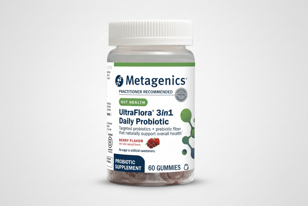 Metagenics UltraFlora 3in1 Daily Probiotic bottle on a white background