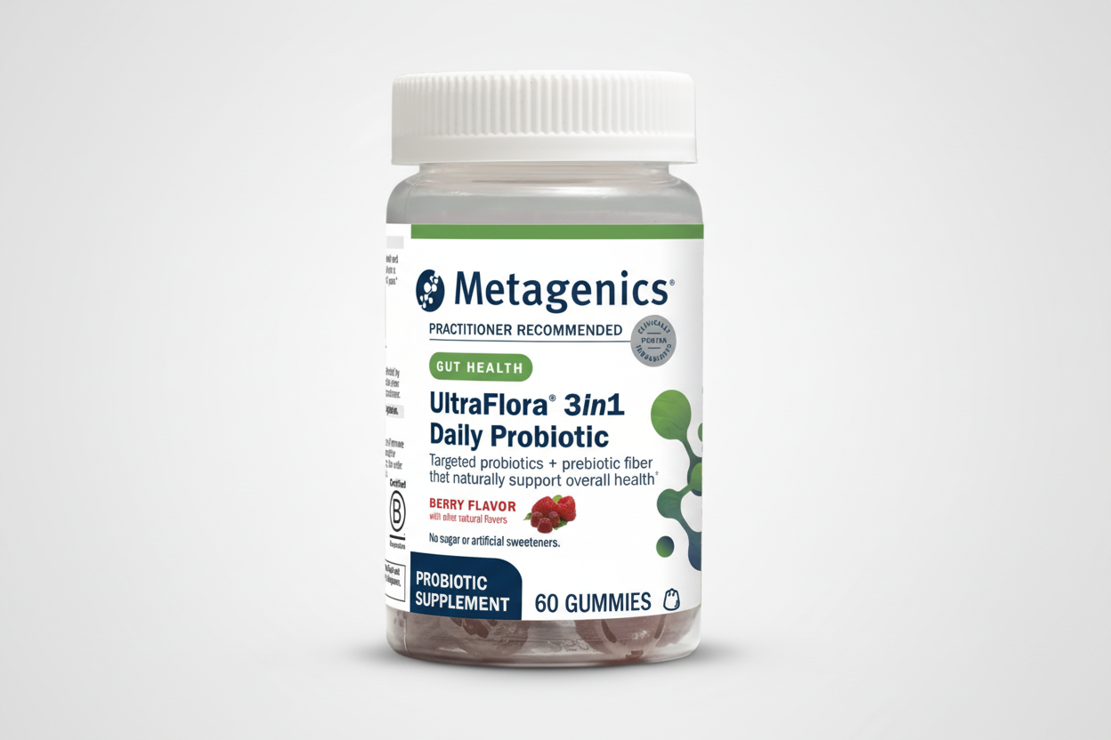 Metagenics UltraFlora 3in1 Daily Probiotic bottle on a white background