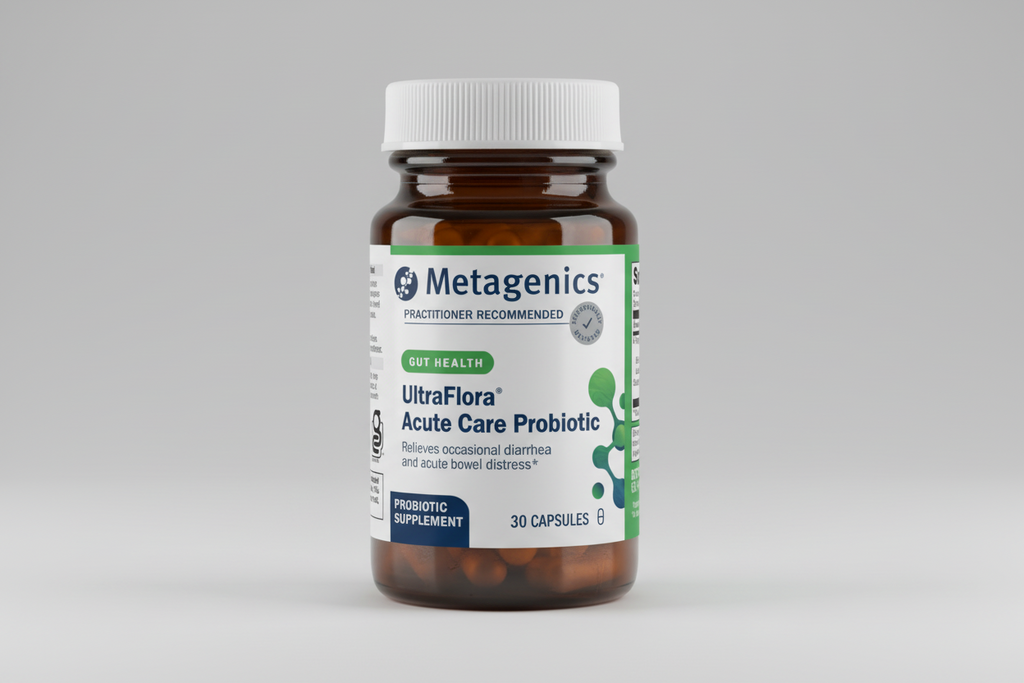 Metagenics UltraFlora Acute Care Probiotic bottle on a white background