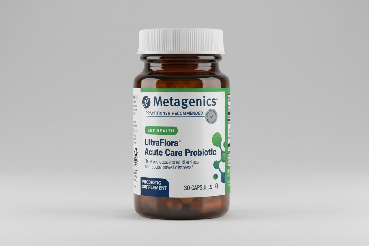 Metagenics UltraFlora Acute Care Probiotic bottle on a white background