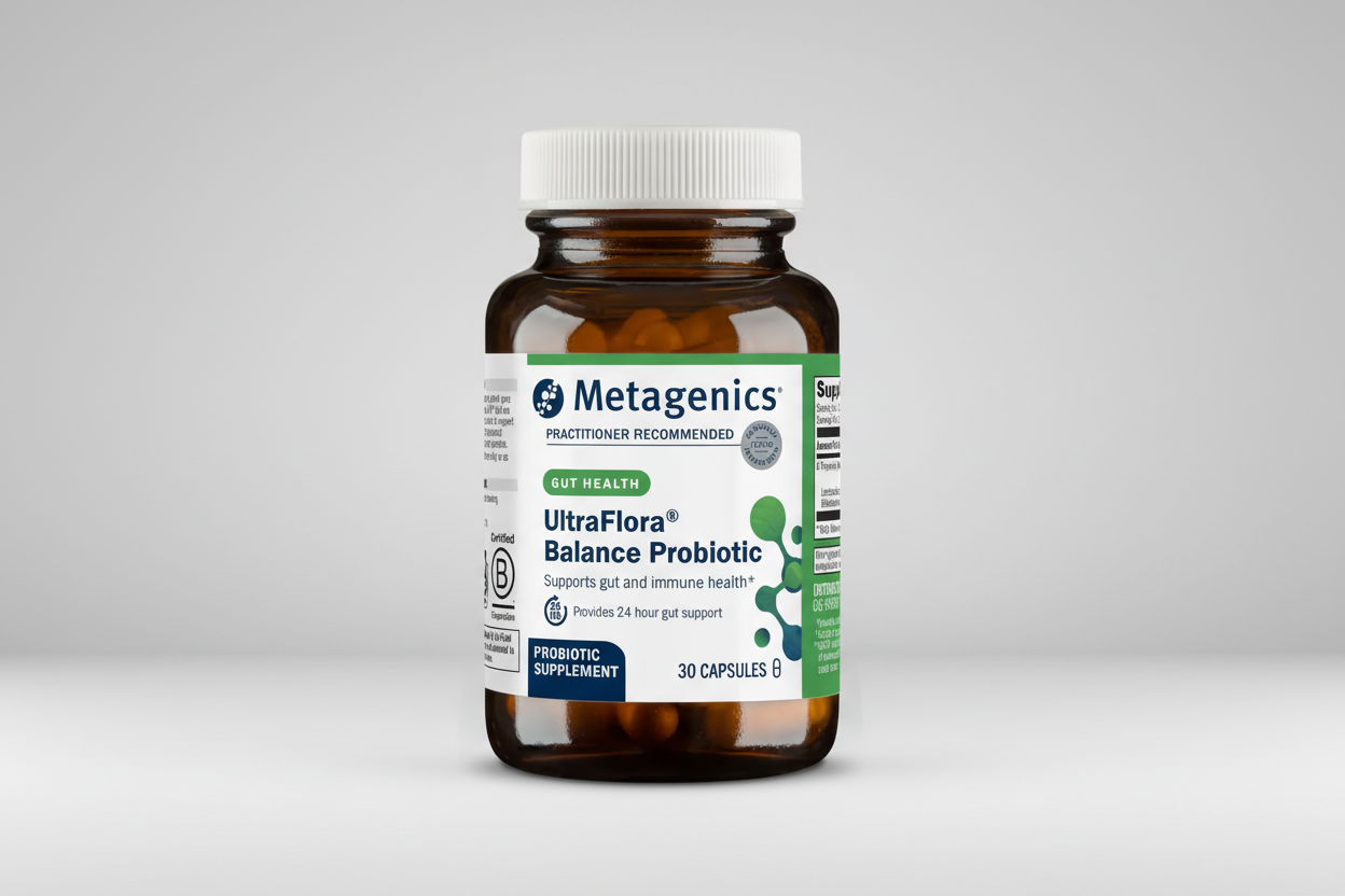 Metagenics UltraFlora Balance Probiotic bottle on a white background