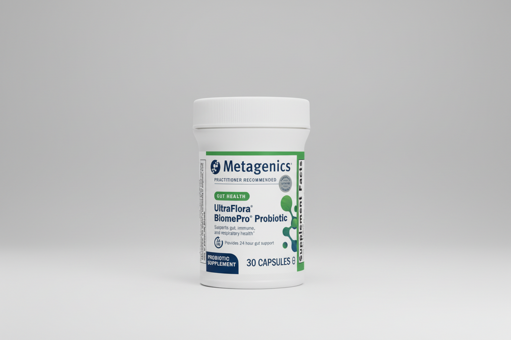 Metagenics UltraFlora BiomePro Probiotic supplement container on a white background