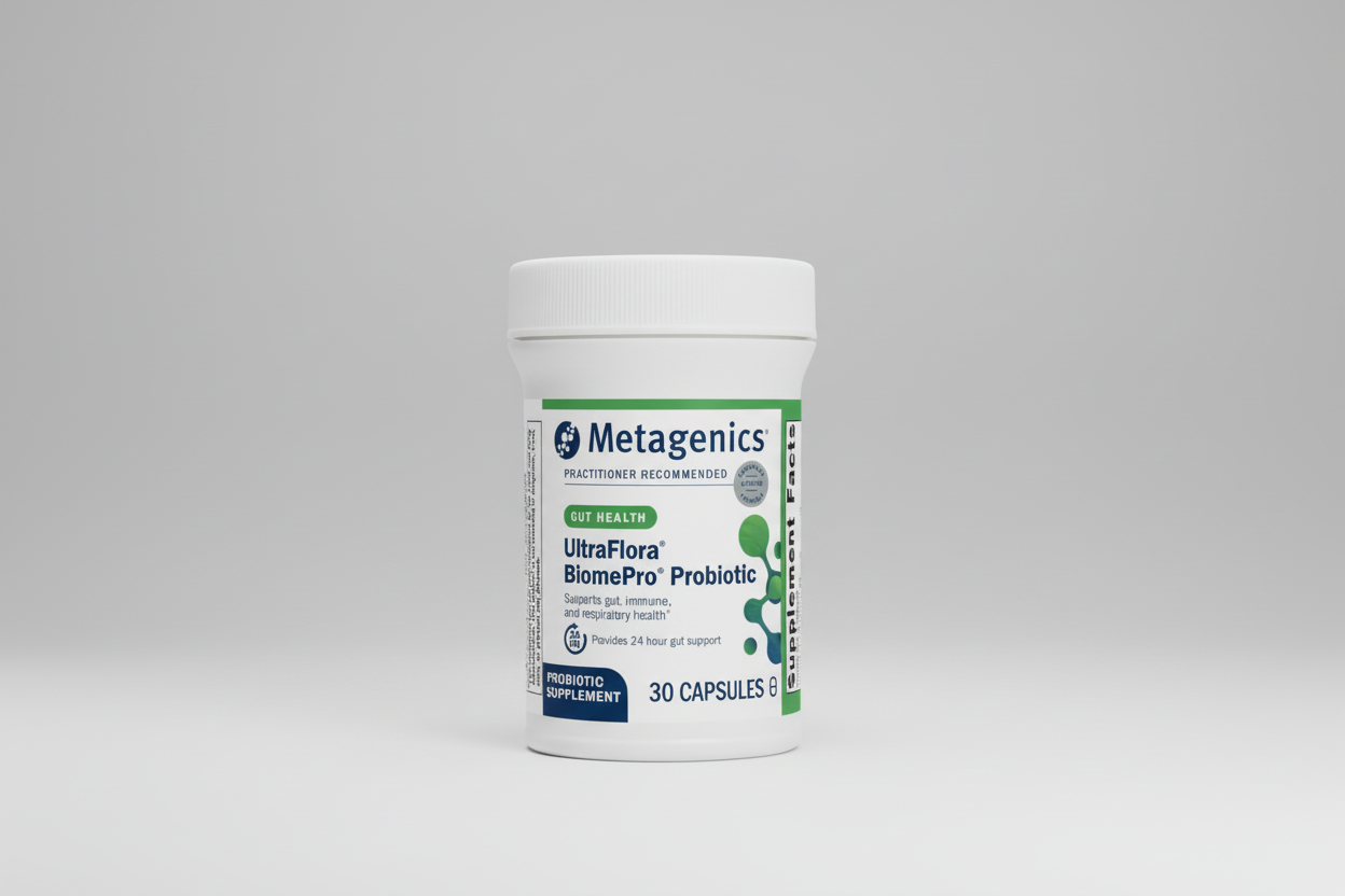 Metagenics UltraFlora BiomePro Probiotic supplement container on a white background