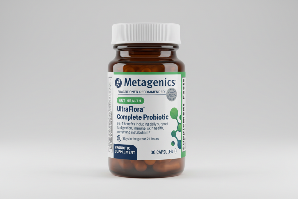 Metagenics UltraFlora Complete Probiotic bottle on a white background