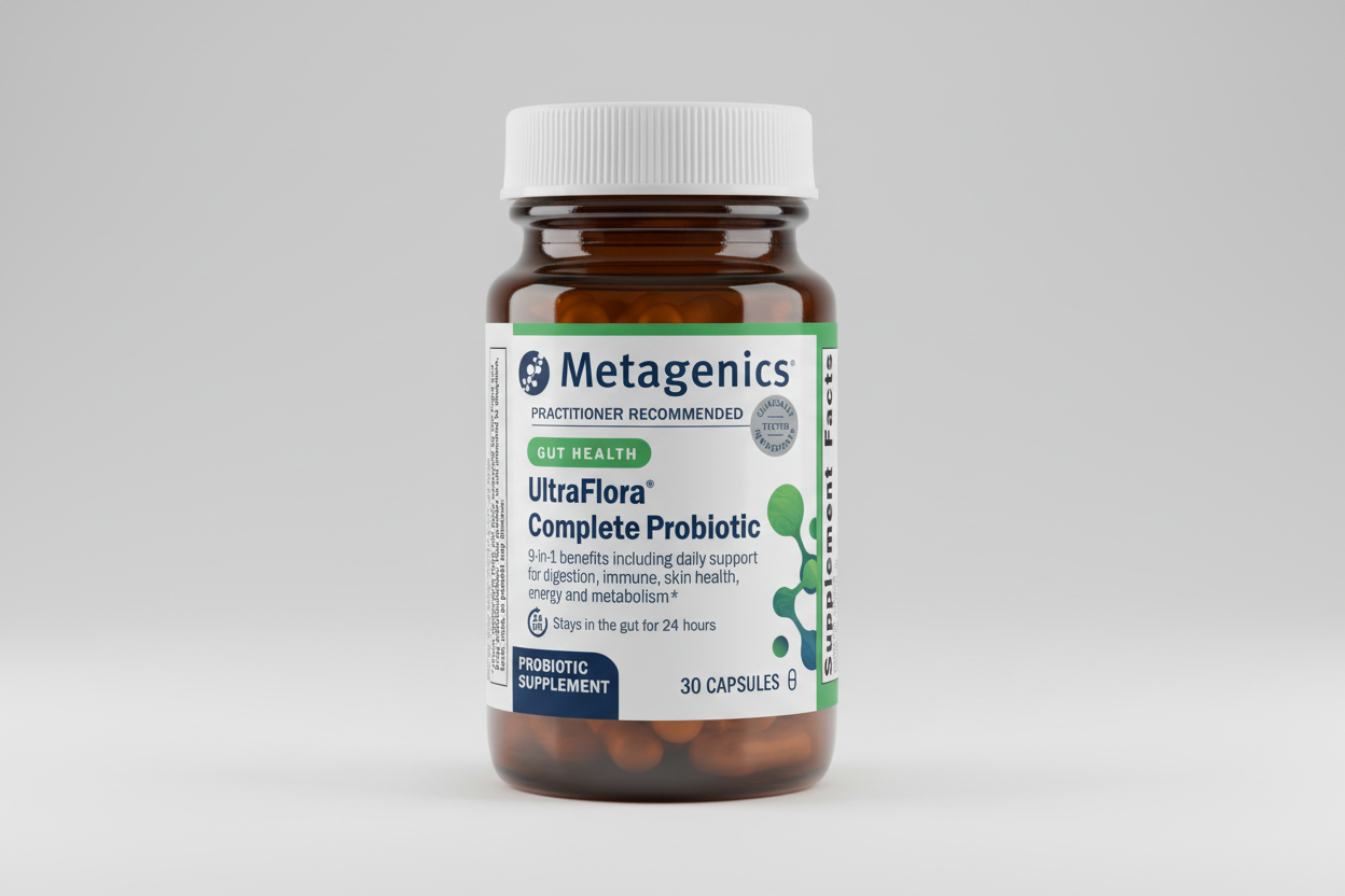 Metagenics UltraFlora Complete Probiotic bottle on a white background