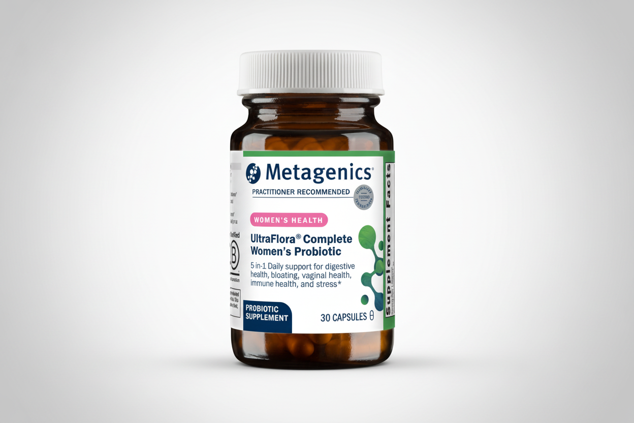 Metagenics UltraFlora Complete Women's Probiotic bottle on a white background