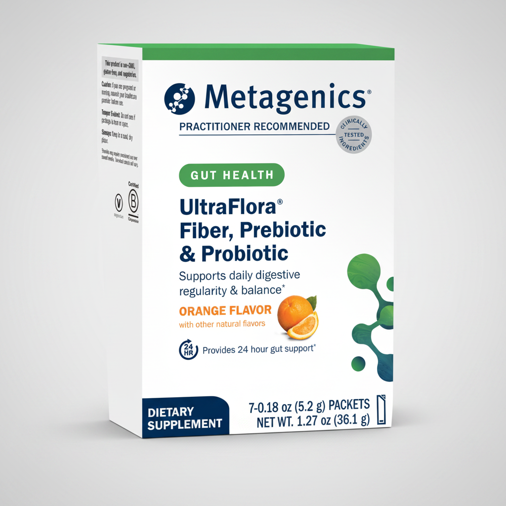 Metagenics UltraFlora fiber, prebiotic, and probiotic supplement packaging on a white background