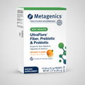 Metagenics UltraFlora fiber, prebiotic, and probiotic supplement packaging on a white background