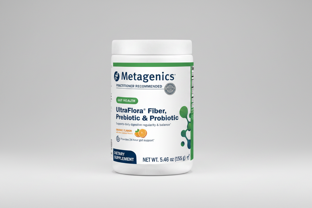 Metagenics UltraFlora Fiber, Prebiotic & Probiotic supplement container on a white background