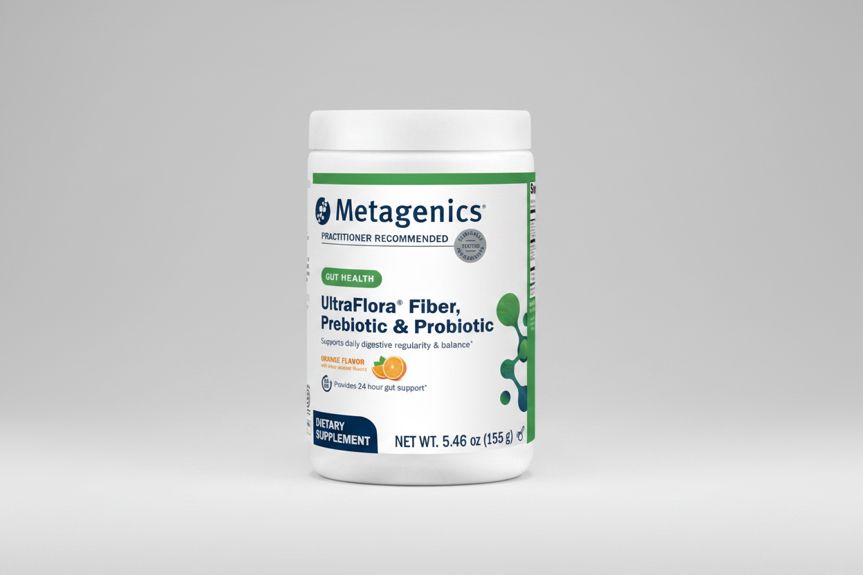 Metagenics UltraFlora Fiber, Prebiotic & Probiotic supplement container on a white background