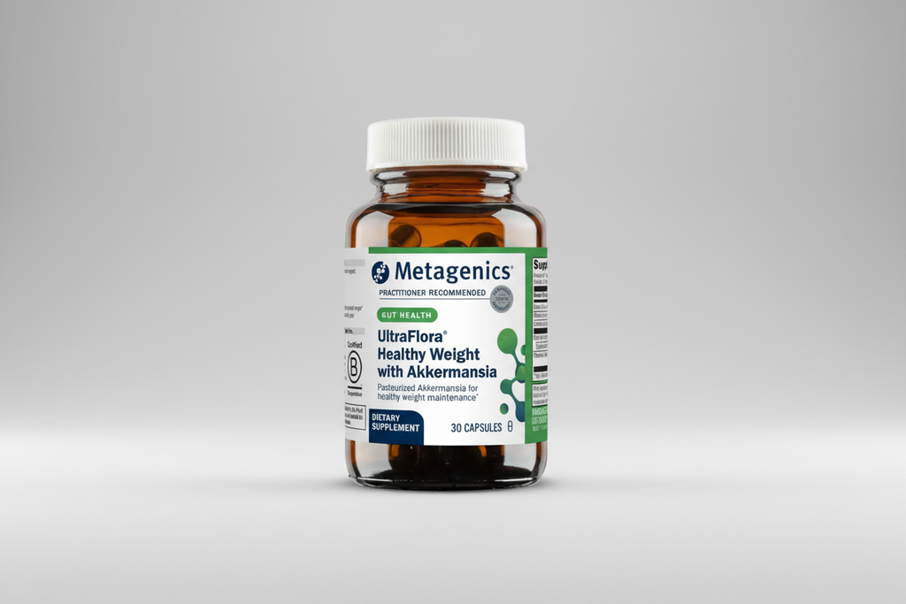 Metagenics UltraFlora Healthy Weight with Akkermansia dietary supplement bottle on a white background