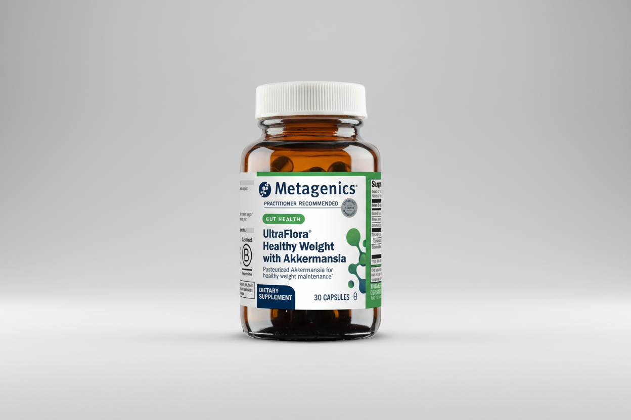 Metagenics UltraFlora Healthy Weight with Akkermansia dietary supplement bottle on a white background