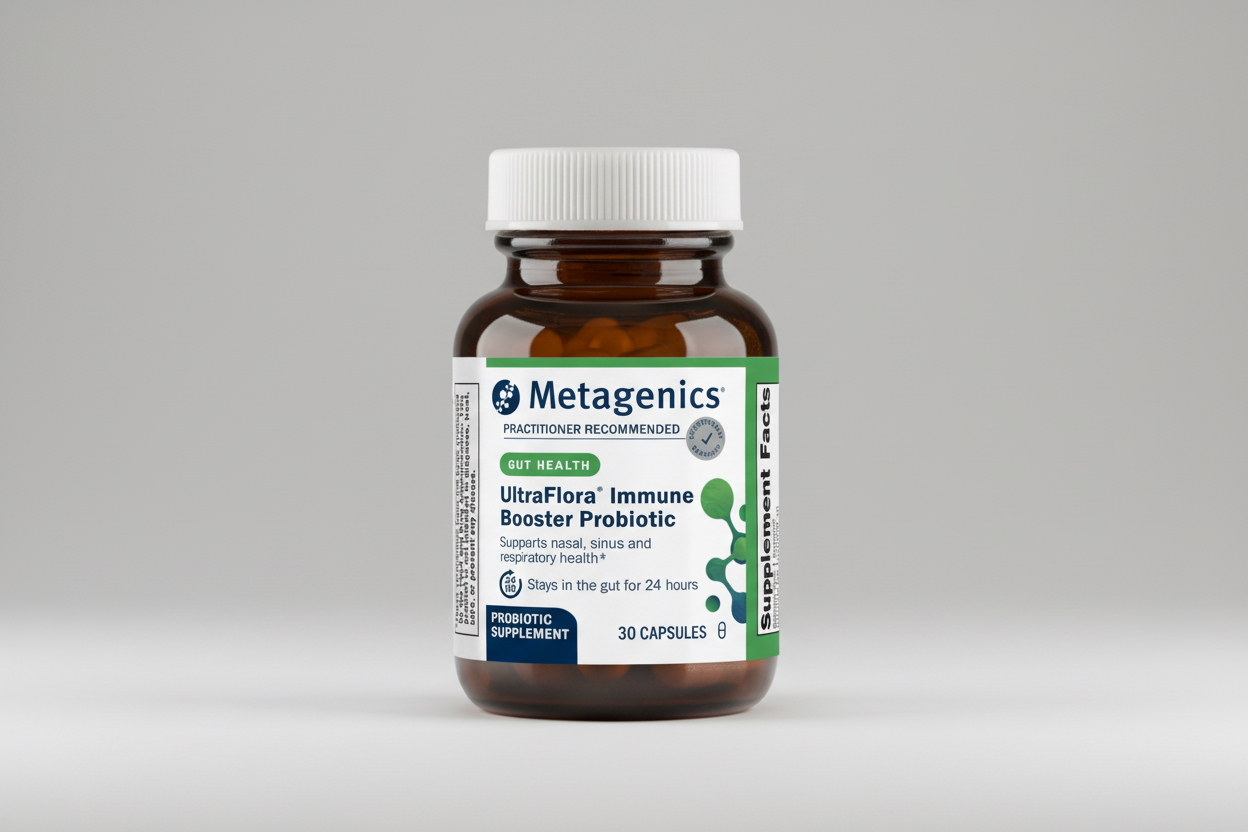 Metagenics UltraFlora Immune Booster Probiotic bottle on a white background