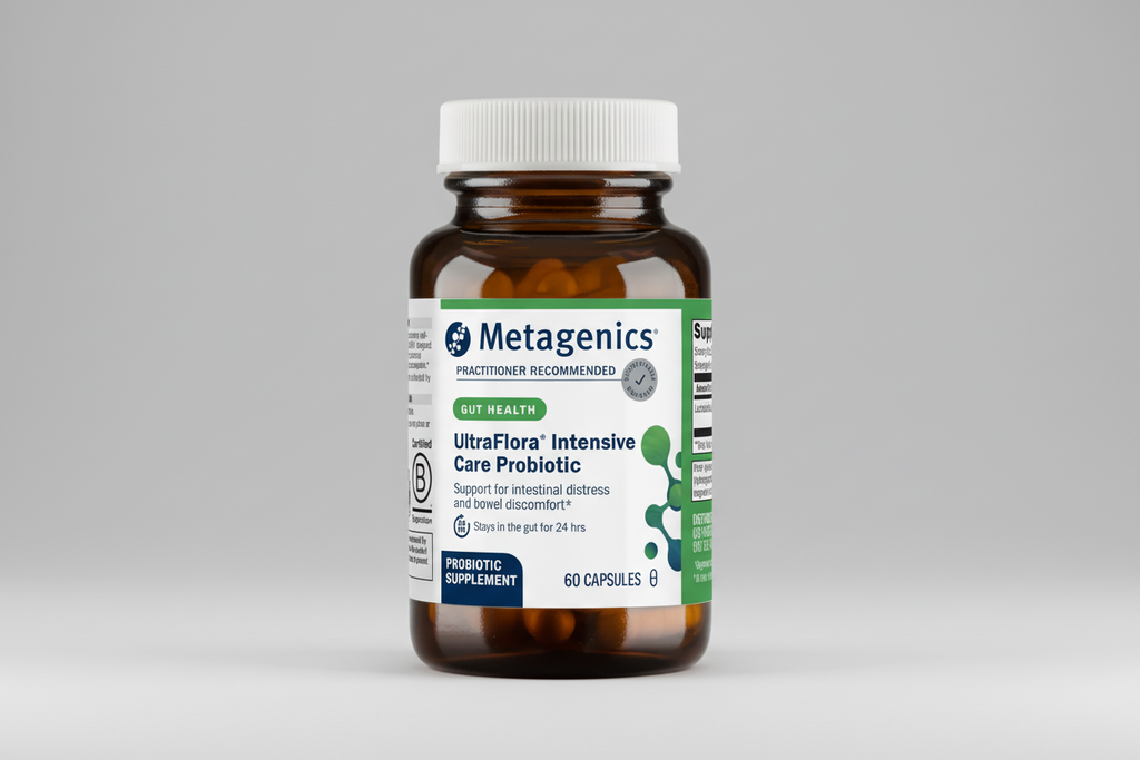 Metagenics UltraFlora Intensive Care Probiotic bottle on a white background