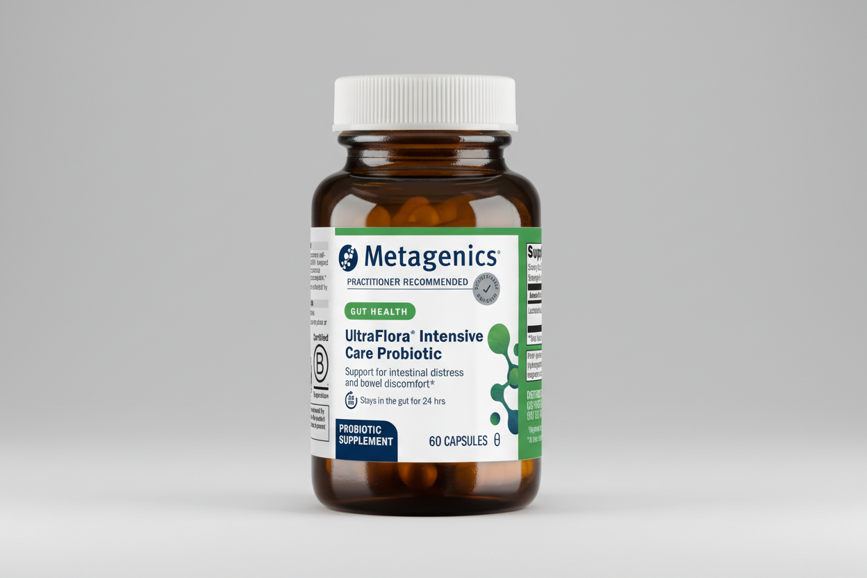 Metagenics UltraFlora Intensive Care Probiotic bottle on a white background