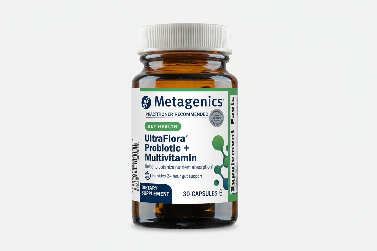 Metagenics UltraFlora Probiotic + Multivitamin bottle on a white background