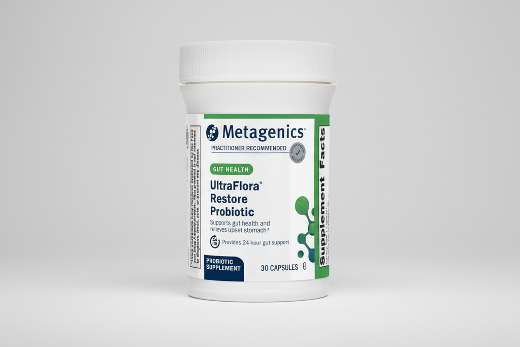 Metagenics UltraFlora Restore Probiotic supplement container on a white background