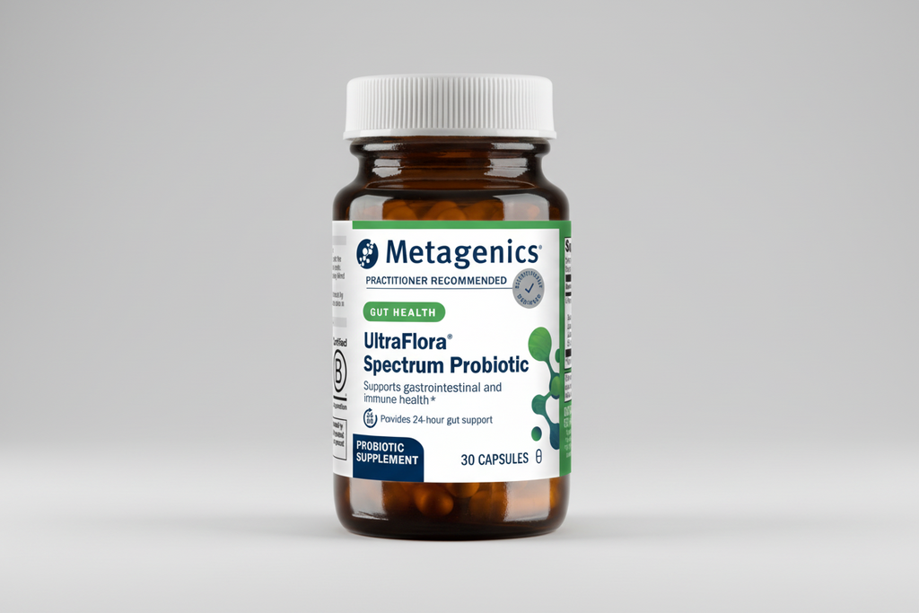 Metagenics UltraFlora Spectrum Probiotic bottle on a white background