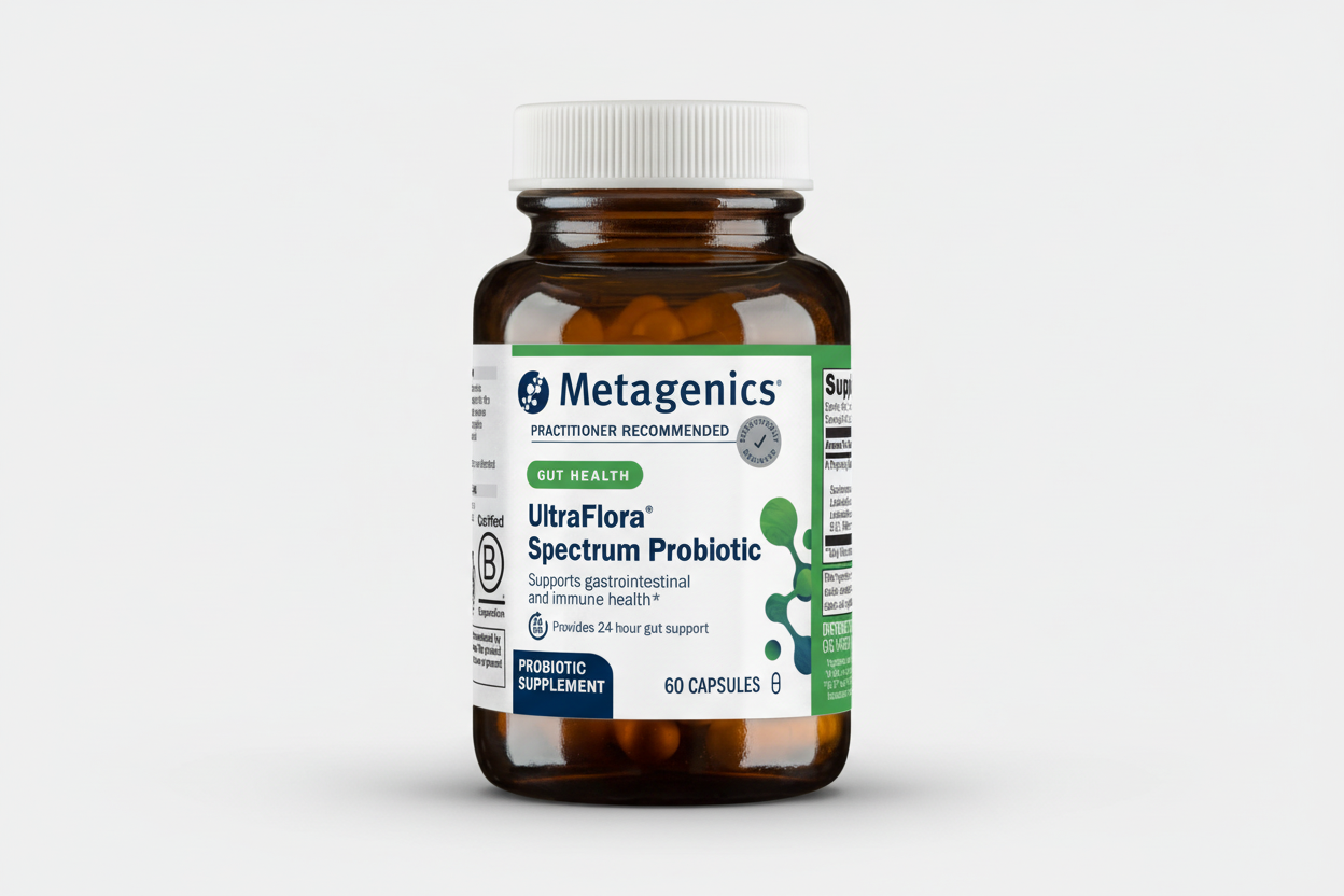 Metagenics UltraFlora Spectrum Probiotic bottle on a white background