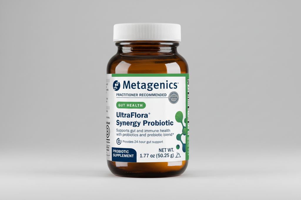 Metagenics UltraFlora Synergy Probiotic bottle on a white background