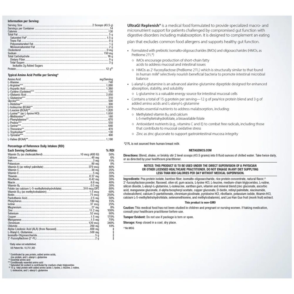 Nutritional label or product information sheet with text and tables on a white background