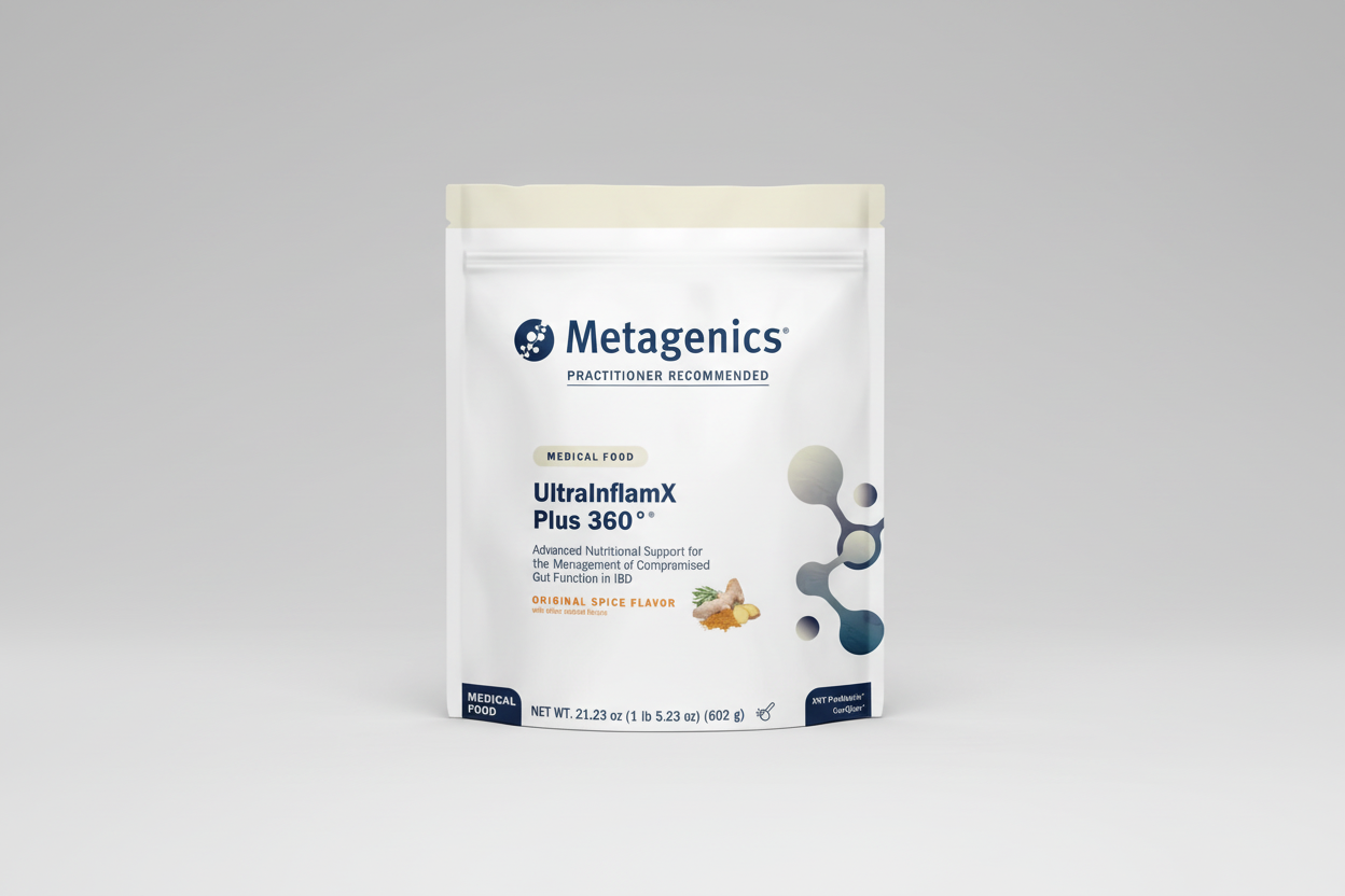 Metagenics UltrainflamX Plus 360° medical food package on a white background