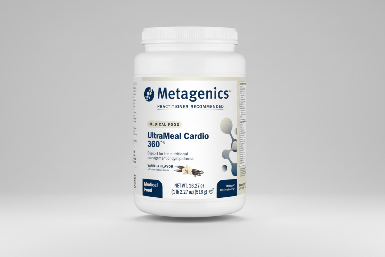 Metagenics UltraMeal Cardio 360 supplement container on a white background