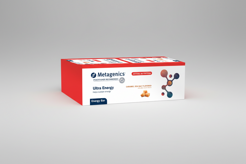 Metagenics Ultra Energy bar packaging with red and white design