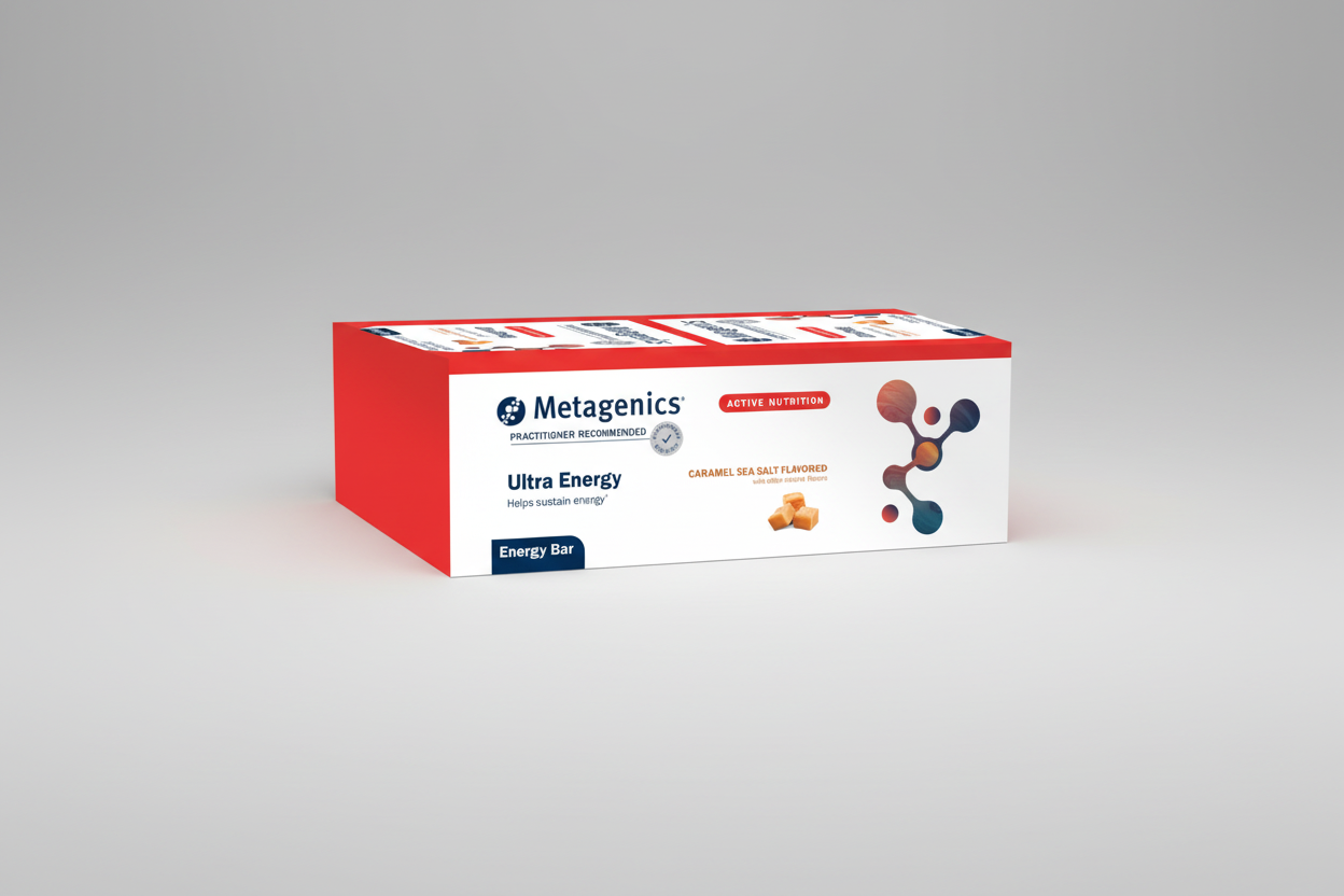 Metagenics Ultra Energy bar packaging with red and white design