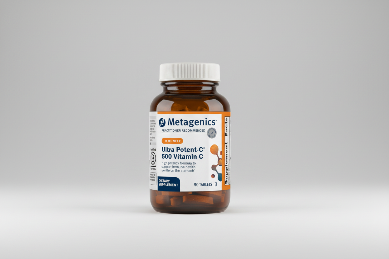 Metagenics Ultra Potent C Vitamin C supplement bottle on a white background