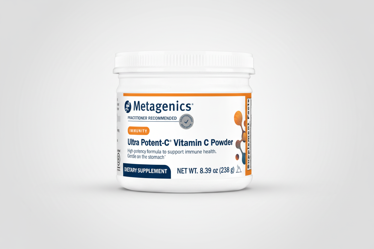 Metagenics Ultra Potent-C Vitamin C Powder container on a white background