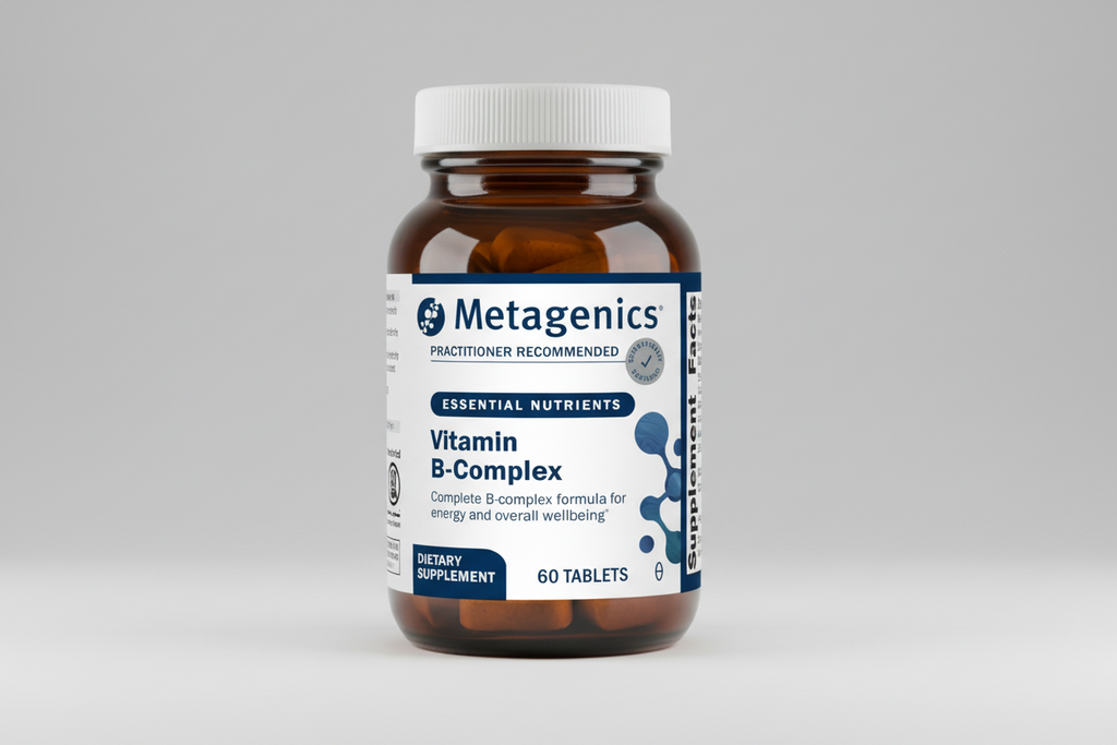 Metagenics Vitamin B-Complex supplement bottle on a white background