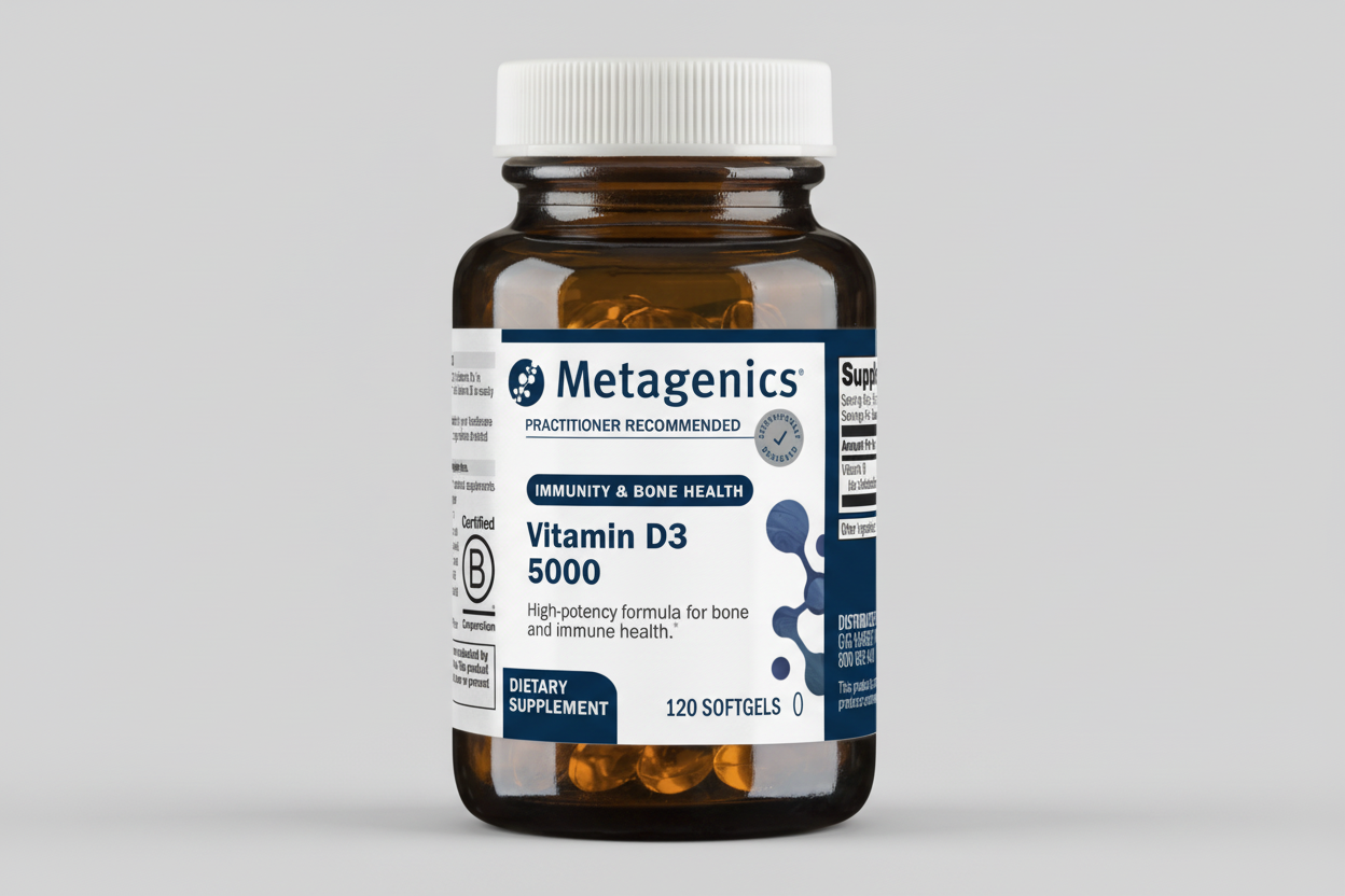Metagenics Vitamin D3 5000 dietary supplement bottle on a white background