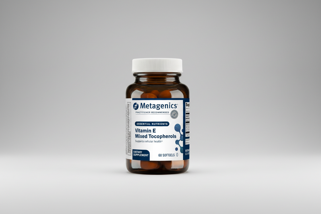 Metagenics Vitamin E Mixed Tocopherols supplement bottle with label