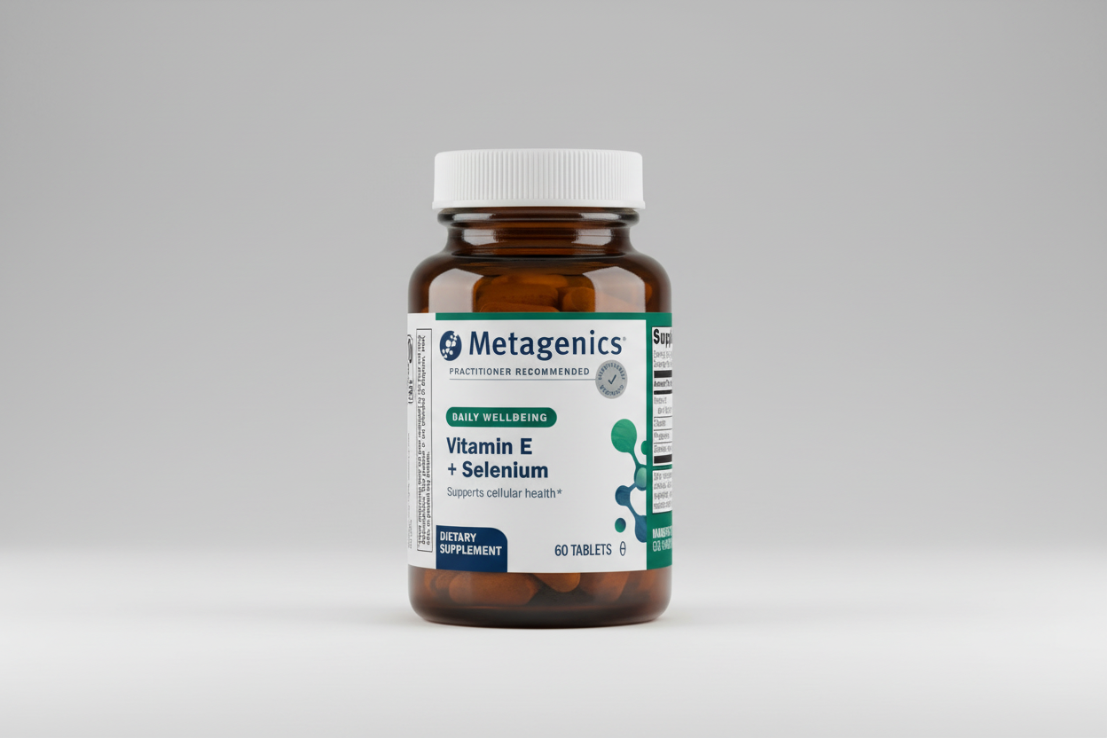 Metagenics Vitamin E + Selenium dietary supplement bottle