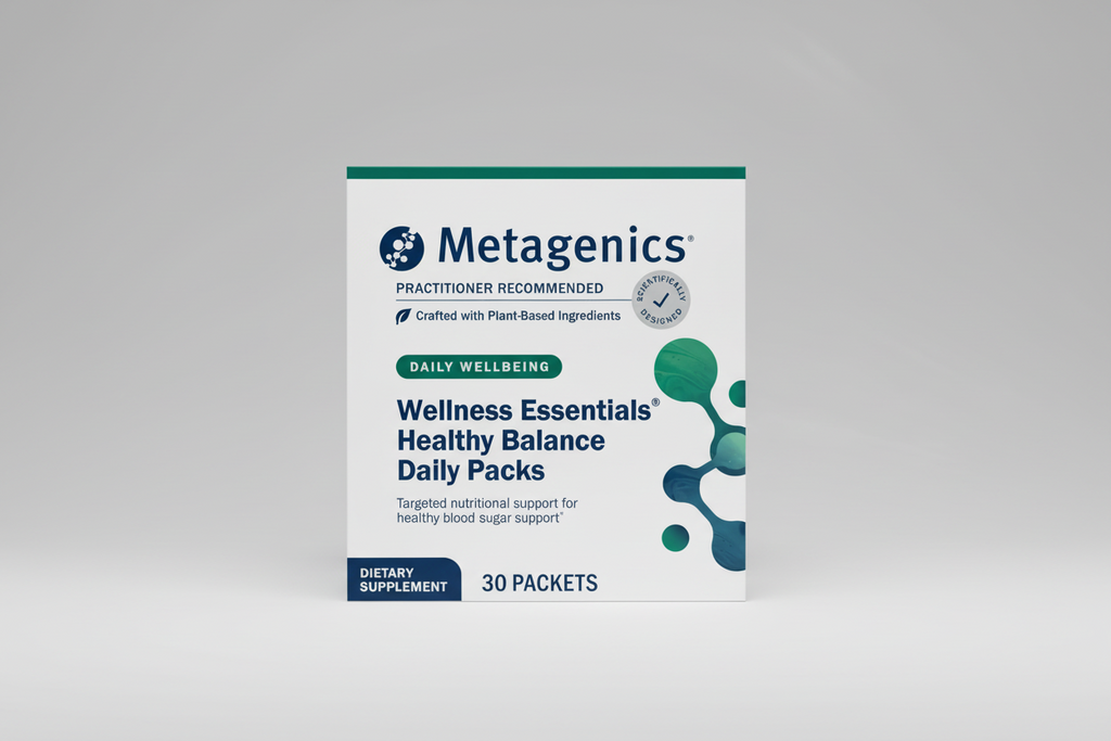 Metagenics Wellness Essentials Healthy Balance Daily Packs dietary supplement box on a white background