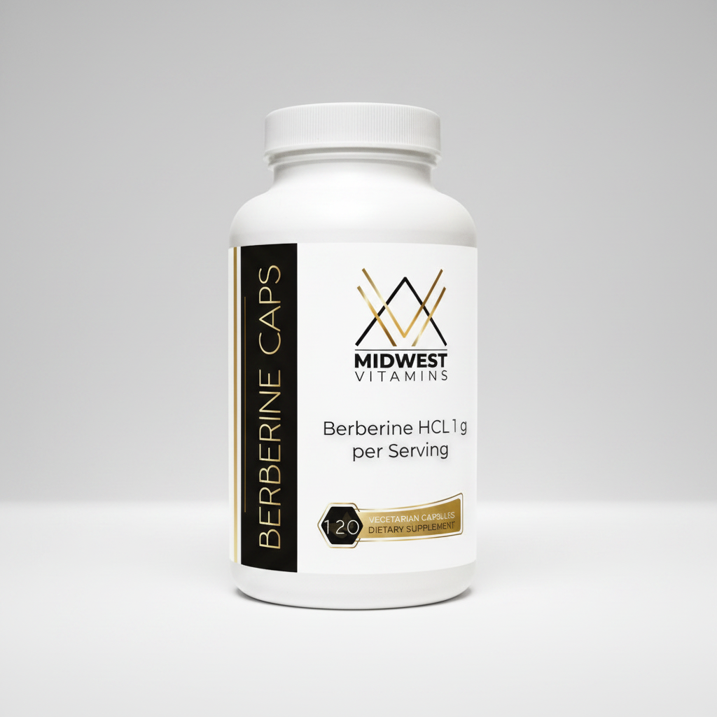 Supplement bottle labeled 'Midwest Vitamins' with Berberine HCL on a white background
