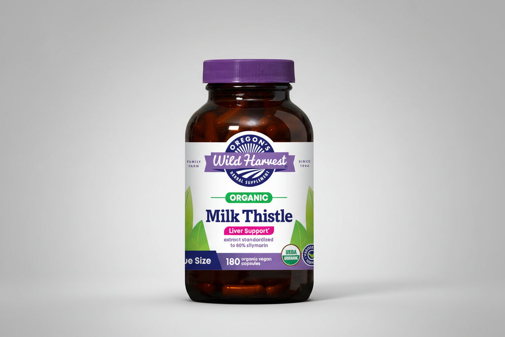 Oregon's Wild Harvest Organic Milk Thistle supplement bottle on a white background