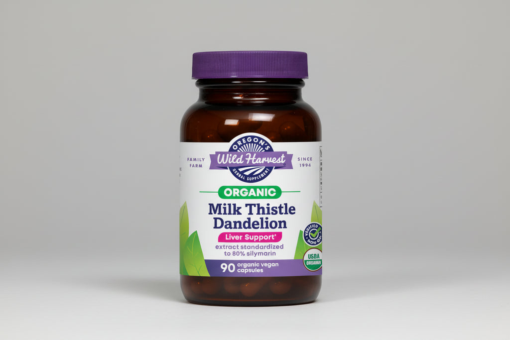 Oregon's Wild Harvest Organic Milk Thistle Dandelion supplement bottle with purple cap