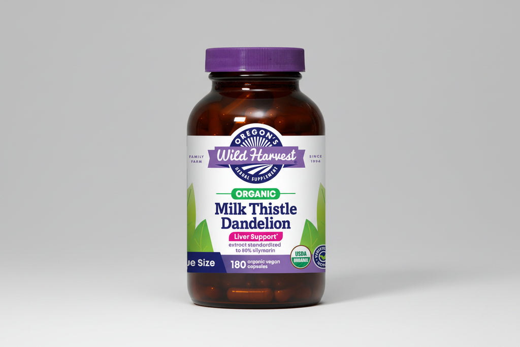 Oregon's Wild Harvest Milk Thistle Dandelion supplement bottle on a white background