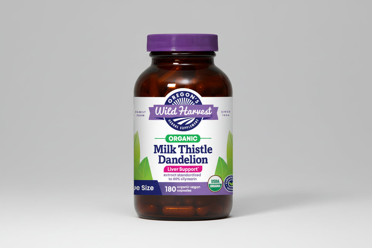 Oregon's Wild Harvest Milk Thistle Dandelion supplement bottle on a white background