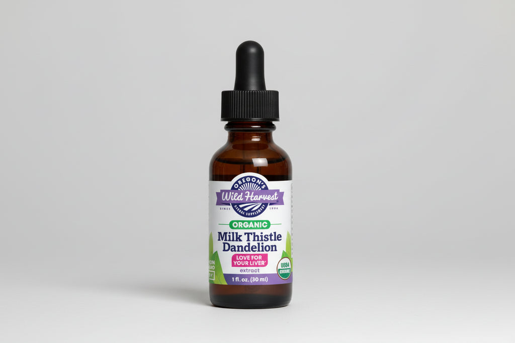 Bottle of Oregon's Wild Harvest Milk Thistle Dandelion extract on a white background