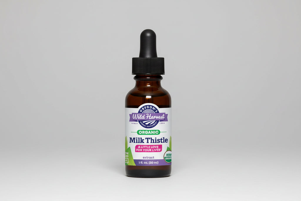 Bottle of Oregon's Wild Harvest Organic Milk Thistle extract on a white background